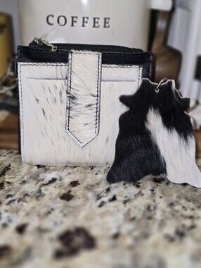 🔥 Black & White Hair-On Cowhide Mini Wallet with Tassel Charm